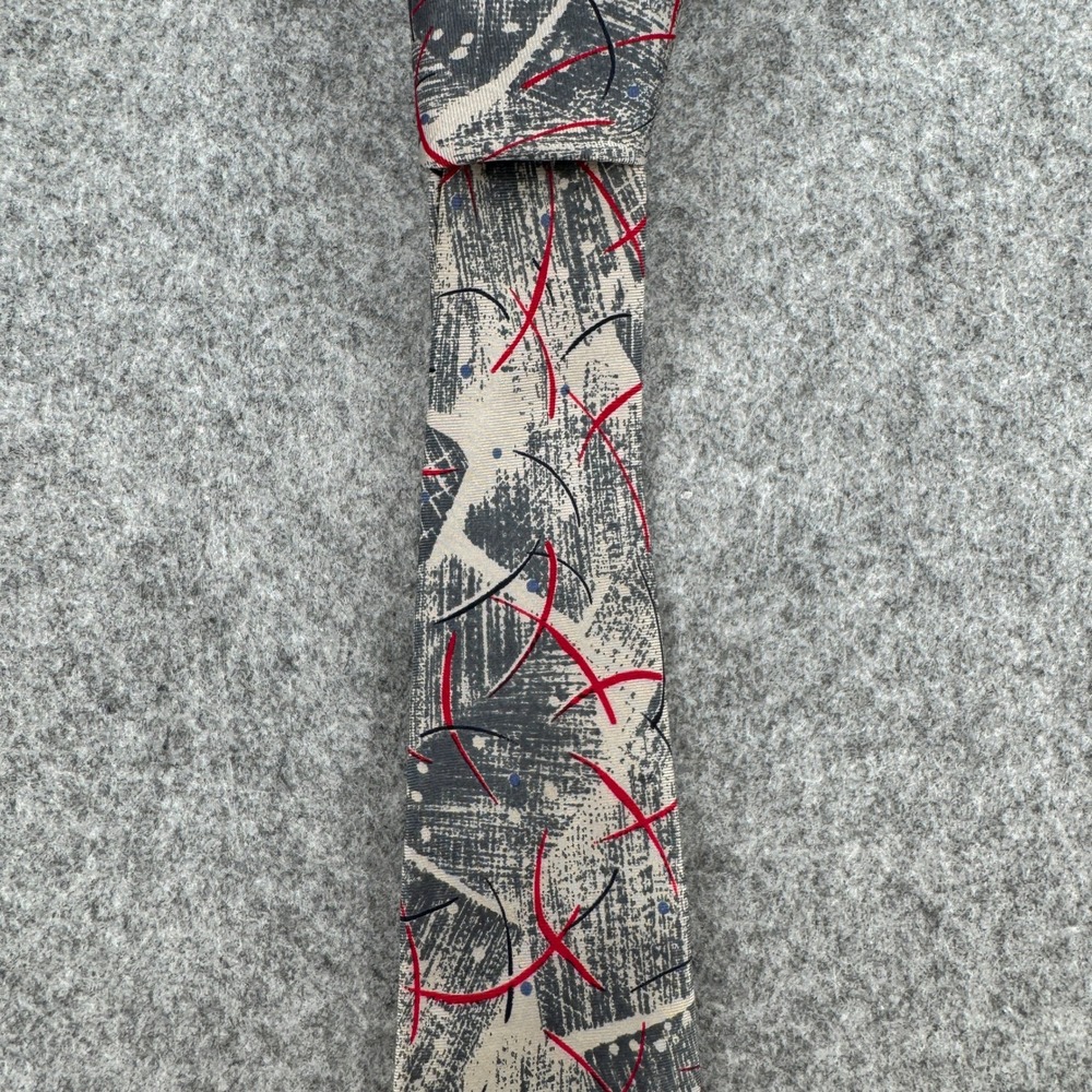 Gerard Philippe Necktie Mens OS Abstract Geometric Grey Red Silk EUC